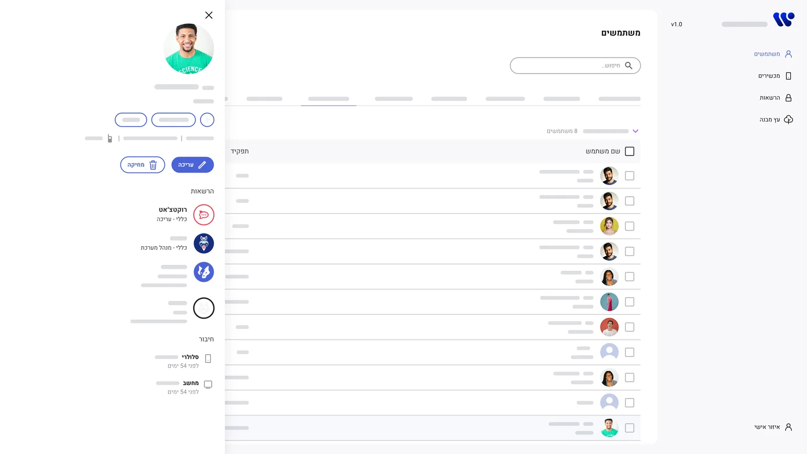 The users screen with the detail card open on the side of the table