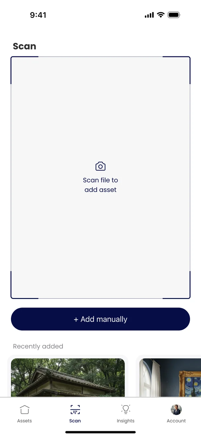 Scan tab: a large camera viewfinder with the prompt Scan file to add asset, an Add manually button, and recently added items