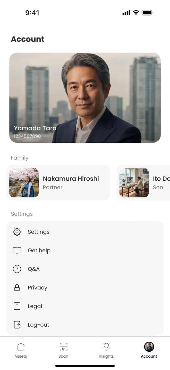 Account tab: profile card for Yamada Taro, family members Nakamura Hiroshi as partner and Ito Daisuke as son, and settings