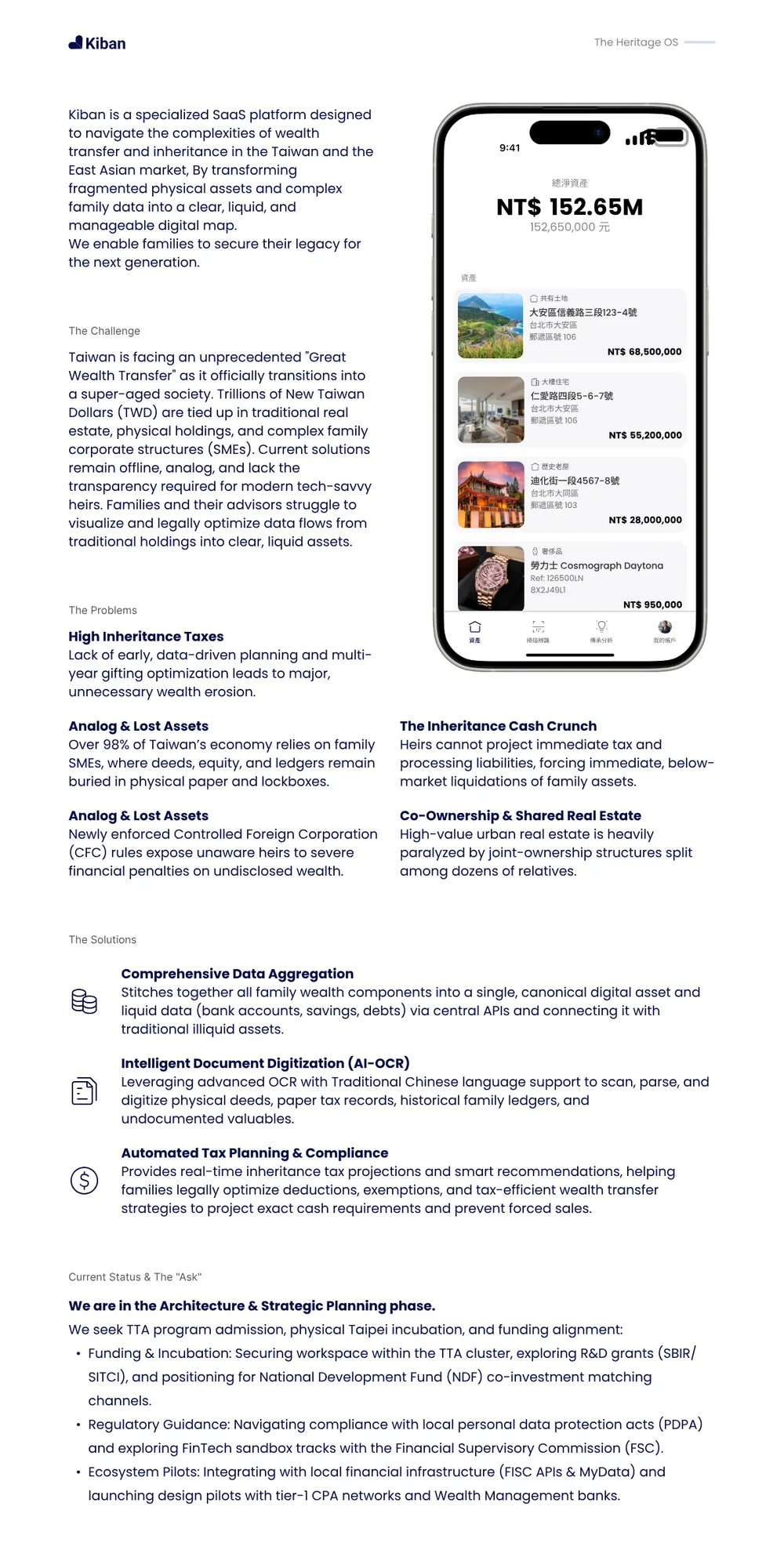Kiban one-pager adapted for the Taiwan market, with a Traditional Chinese product screen