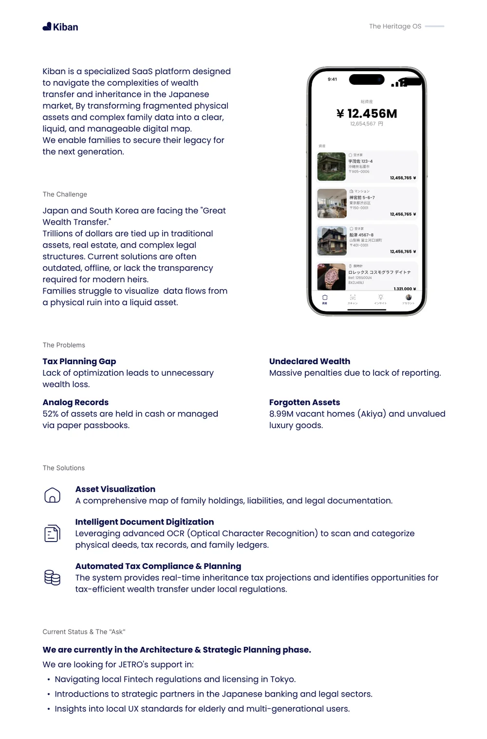 Kiban one-pager in English for JETRO: overview, challenge, problems, solutions and current status