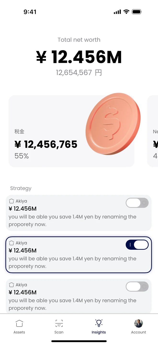 Insights screen showing the tax share of the estate and a list of tax-saving strategies with toggles
