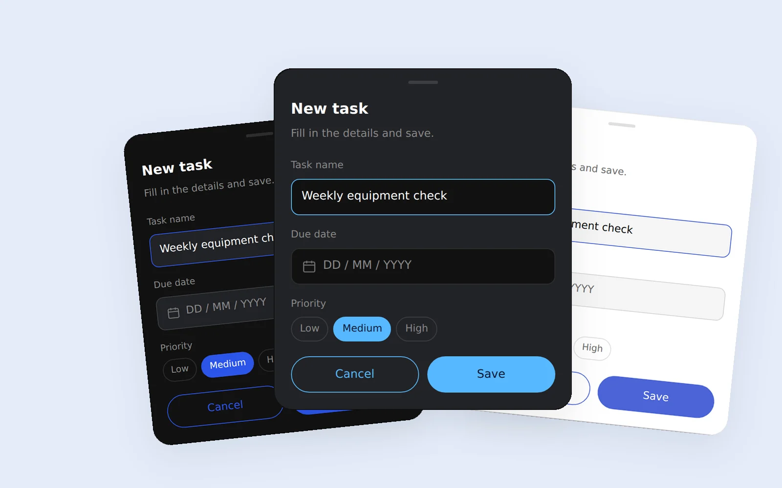 The same form shown in three product themes, two dark and one light